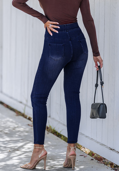Darkness Blue Washed Women's Stretch Slim Jeans High Waist Versatile Fashion Jeans Trousers Jeans