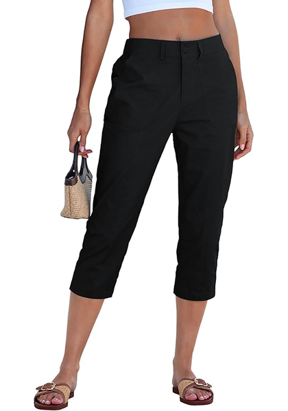 LookbookStore Women Black Utility Skimmer Capri Pants With Big Patched Pockets Back Elastic Waistband Ideal For Travel Daily Casual