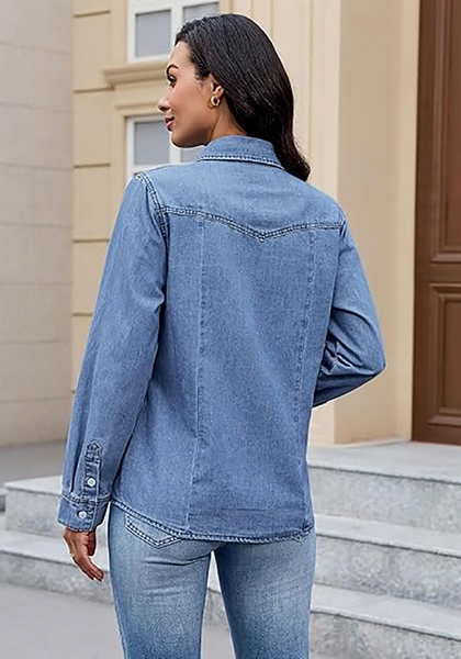 LookbookStore Women's Indigo Medium Blue Long Sleeve Button Down Denim Shirt Relaxed Fit Chambray Western Style Casual Collared Jean Top