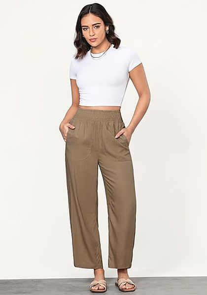 LookbookStore Mocha Brown Women's Casual High Waisted Lightweight Lounge Barrel Cropped Pants Soft Smocked Comfort Wear