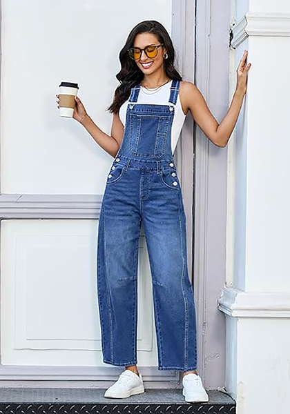 LookbookStore Women's Classic Blue Denim Overalls Baggy Barrel Leg Stretchy Bib Jumpsuit Adjustable Straps Casual Fit