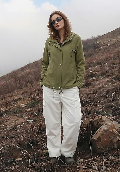 LookbookStore Women Army Green Waterproof Lightweight Rain Jacket Hooded Windbreaker Drawstring Zip Rain Coat for Hiking Outdoor Travel