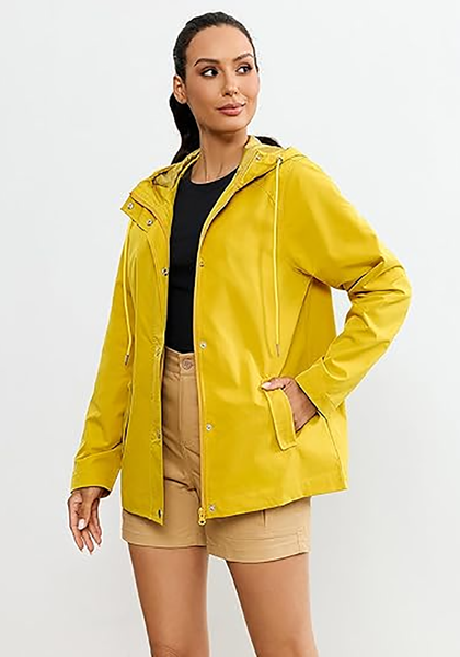 LookbookStore Women's Gold Yellow Waterproof Lightweight Rain Jacket, Adjustable Hood Windbreaker Rain Coat for Hiking & Travel