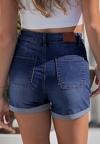 LookbookStore Darkness Blue Women's High Waisted Stretch Denim Shorts with Patch Pockets Rolled Cuff Casual Summer Staple