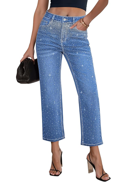 LookbookStore Classic Blue Women High Waisted Rhinestone Embellished Wide Leg Cropped Denim Jeans Casual Wear Staple
