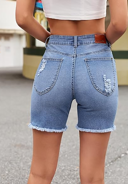 LookbookStore Women’s High Waisted Distressed Seaside Blue Mid Thigh Denim Shorts Frayed Cut Off Stretchy Jorts