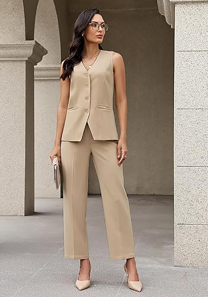 LookbookStore Beige Two Piece Sets for Women Vest Pantsuits Set Structured Fit Functional Pockets Elegant Office Casual Outfits