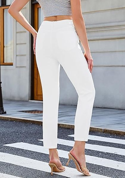 LookbookStore Cream White Cropped Straight Leg Jeans for Women High Waisted Slim Fit Denim Pants with Pockets