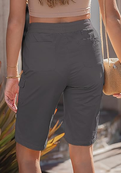 LookbookStore Women's Dark Gray Relaxed Fit Bermuda Shorts with Drawstring Waist and Utility Cargo Pockets