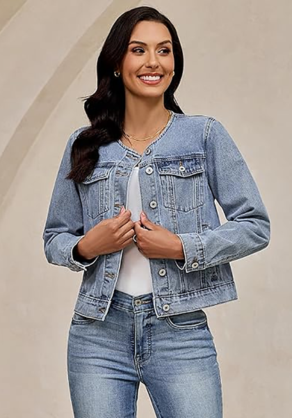 LookbookStore Women Roadknight Blue Denim Jacket Crew Neck Button Front Utility Pockets Relaxed Fit Casual Daily Wear Staple