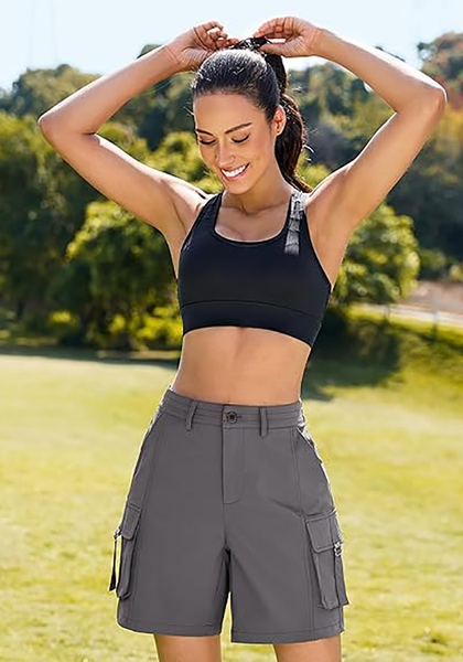 LookbookStore Women's Dark Gray High Waist Cargo Shorts, 7" Inseam Elastic Waist Casual Mid Thigh Shorts, Utility Pockets Hiking Golf Outdoor Shorts