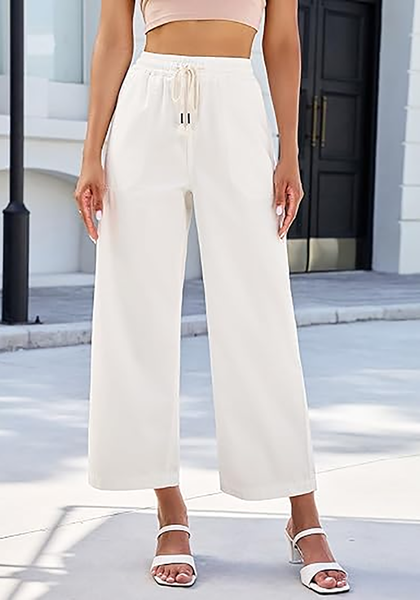 LookbookStore Cream White Women's Wide Leg Denim Jeans High Waisted Drawstring Elastic Waist Relaxed Fit Cropped