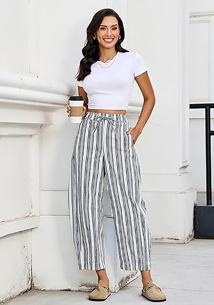 LookbookStore Women's White Blue Stripe Cropped Barrel Jeans High Waist Elastic Pull On Wide Leg Casual Stretch Denim Pants