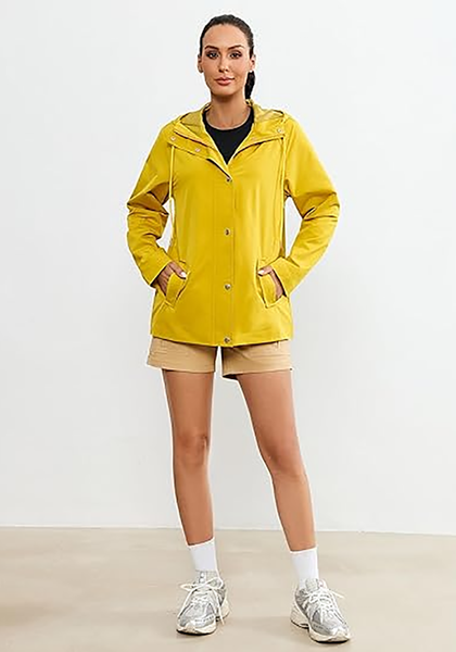 LookbookStore Women's Gold Yellow Waterproof Lightweight Rain Jacket, Adjustable Hood Windbreaker Rain Coat for Hiking & Travel