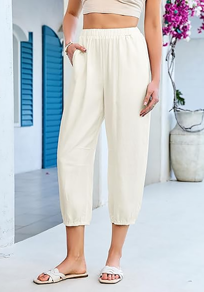 LookbookStore Women's Cream White Linen Barrel Capri Pants High Waisted Elastic Pull On Casual Summer Beach Vacation Pants
