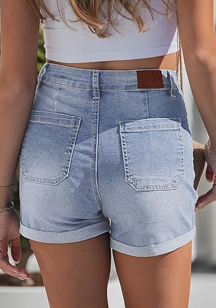 LookbookStore Modern Blue Women's High Waisted Stretch Denim Shorts with Patch Pockets Rolled Cuff Casual Summer Staple