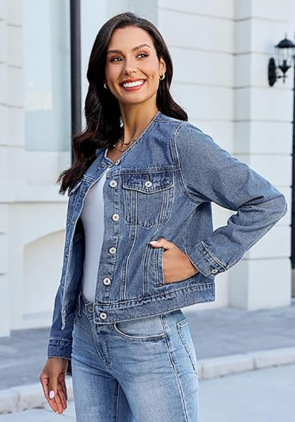 LookbookStore Women Medium Blue Denim Jacket Crew Neck Button Front Utility Pockets Relaxed Fit Casual Daily Wear Staple