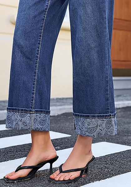 LookbookStore Women's Paisley Classic Blue High Waisted Cropped Wide Leg Jeans Trendy Printed Fold Hem Loose Straight Stretchy Denim Pants
