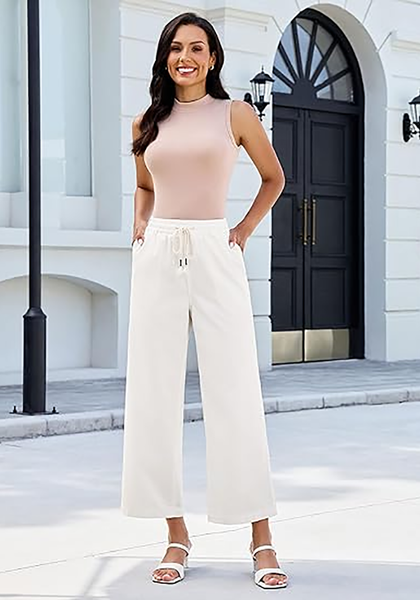 LookbookStore Cream White Women's Wide Leg Denim Jeans High Waisted Drawstring Elastic Waist Relaxed Fit Cropped