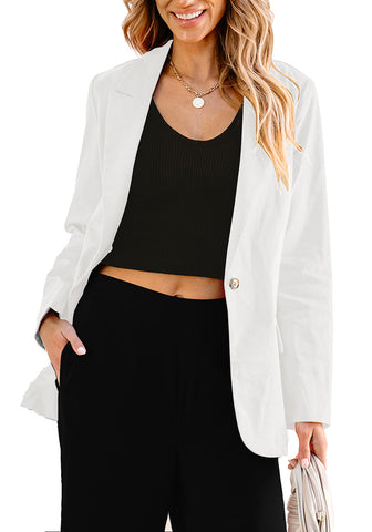 Cream White Women's Business Casual Pocket Notched Lapels Blazer Long Rolled Up Sleeve Blazer
