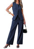 Navy Blue Women's Sleeveless Wide Leg Vest Blazer Pant Set