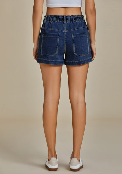 Darkness Blue Women's Comfy Denim Drawstring Flat Front Jean Pocket Shorts Stretch Utility Styles