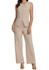 Beige Women's Sleeveless Wide Leg Vest Blazer Pant Set