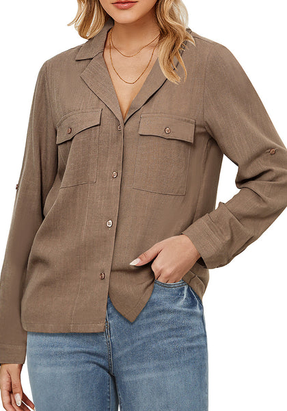 Coco Mocha Women's Button-Down Solid Color Tops Loose Long Sleeve Casual Work Blouses