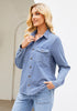 2025 Soft Sky Blue Denim Shirt For Women's Rugged Shirt Cotton Soft Two Pocket Button Front Long Sleeve Blouse Top