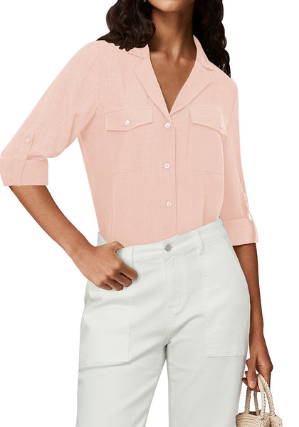 Smoky Rose Pink Women's Button-Down Solid Color Tops Loose Long Sleeve Casual Work Blouses