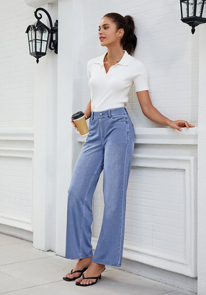 Reef Blue for Women's Effortlessly Stylish High Waisted Wide Leg  Pull-On Stretchy Jean Pants with Functional Pockets