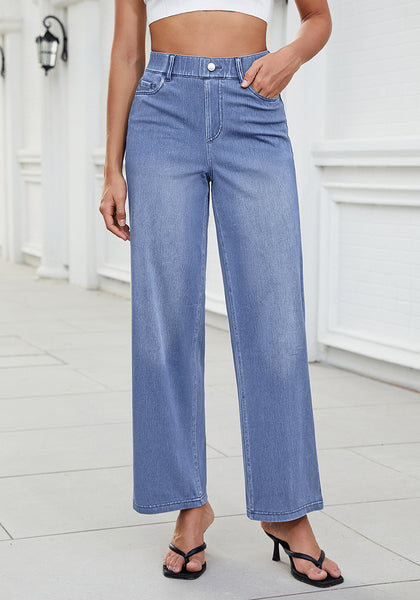 Reef Blue for Women's Effortlessly Stylish High Waisted Wide Leg  Pull-On Stretchy Jean Pants with Functional Pockets