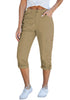 Khaki Women's High Wasited Cargo Pants Cuffed Hem Elastic Waist Capri Pants With Pockets