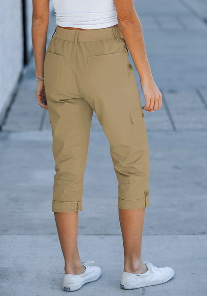 Khaki Women's High Wasited Cargo Pants Cuffed Hem Elastic Waist Capri Pants With Pockets