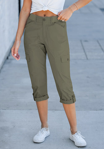 Army Green Women's High Wasited Cargo Pants Cuffed Hem Elastic Waist Capri Pants With Pockets