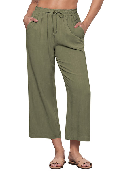 Army Green Women's Brief High Waist Trousers Elastic Waist Wide Leg Pants