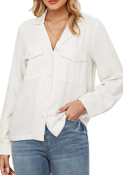 Cream White Women's Button-Down Solid Color Tops Loose Long Sleeve Casual Work Blouses