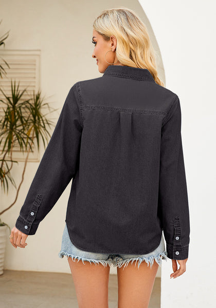 Vintage Black Denim Shirt For Women Button Front Blouse Broken-in  Business Casual Lightweight Long Shirt Sleeve