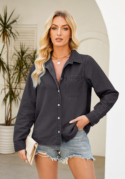 Vintage Black Denim Shirt For Women Button Front Blouse Broken-in  Business Casual Lightweight Long Shirt Sleeve