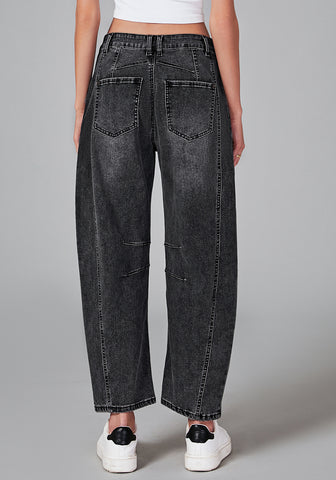Faded Black Women's Cropped Denim High Waisted Jeans Pull On Straight Leg Stretch Barrel Jeans