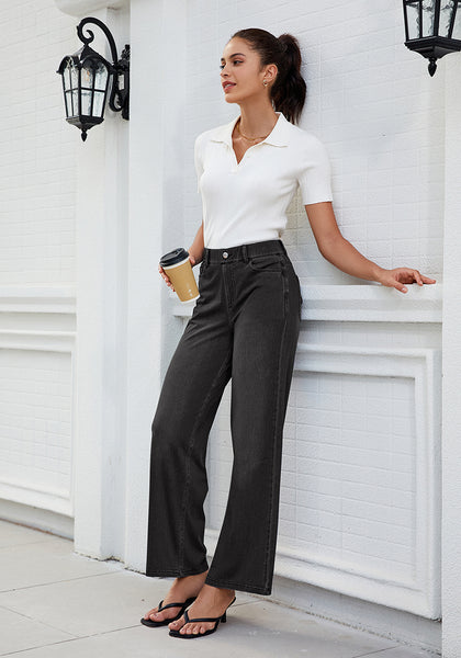 Black for Women's Effortlessly Stylish High Waisted Wide Leg  Pull-On Stretchy Jean Pants with Functional Pockets