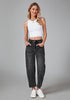 Faded Black Women's Cropped Denim High Waisted Jeans Pull On Straight Leg Stretch Barrel Jeans