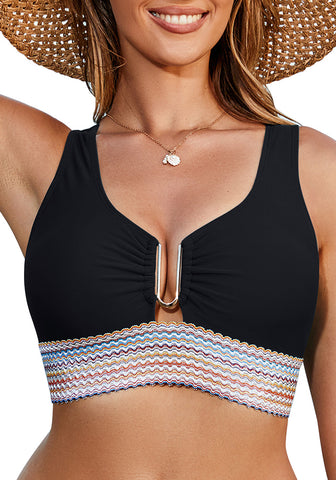 Black Women's Scoop Neck Padded Tankini Crop Swimwear Bikini Tops