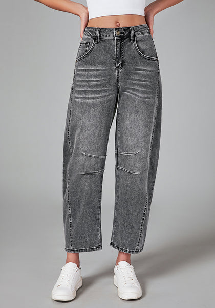 Foxy Gray Women's Cropped Denim High Waisted Jeans Pull On Straight Leg Stretch Barrel Jeans