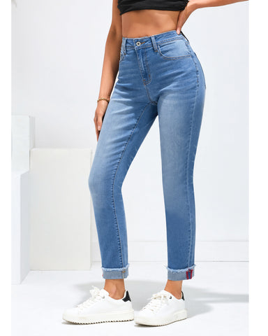 Medium Blue Women's High Waisted Straight Leg Jeans Cuffed Raw Hem Denim Jeans Pants