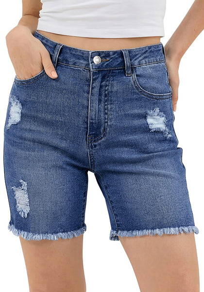LookbookStore Women’s High Waisted Distressed Classic Blue Mid Thigh Denim Shorts Frayed Cut Off Stretchy Jorts