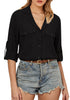 Black Women's Button-Down Solid Color Tops Loose Long Sleeve Casual Work Blouses
