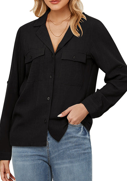 Black Women's Button-Down Solid Color Tops Loose Long Sleeve Casual Work Blouses