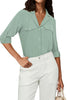 Granite Green Women's Button-Down Solid Color Tops Loose Long Sleeve Casual Work Blouses