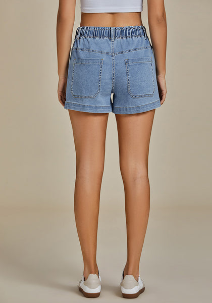 Lakeside Blue Women's Comfy Denim Drawstring Flat Front Jean Pocket Shorts Stretch Utility Styles